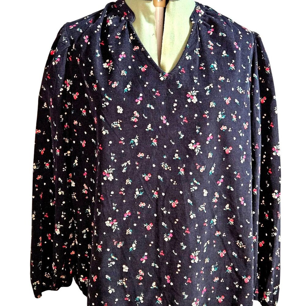 Woman's boho-chic floral corduroy mock v-neck puff sleeve cotton blouse size L